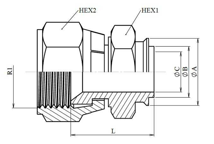 Lasfitting 37° JIC vrouwelijk swivel met guide (dubbele hexagon) - Afbeelding 2