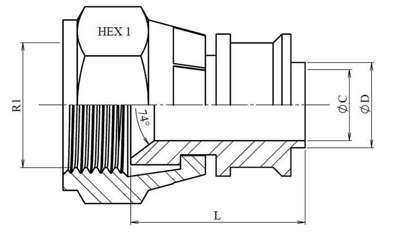 Lasfitting 37° JIC vrouwelijk swivel met guide - Afbeelding 2