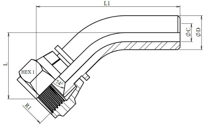 Lasfitting 45° bocht 37° JIC vrouwelijk swivel - Afbeelding 2