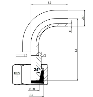 Lasfitting 90° bocht metrisch vrouwelijk swivel (zonder o-ring) - Afbeelding 2